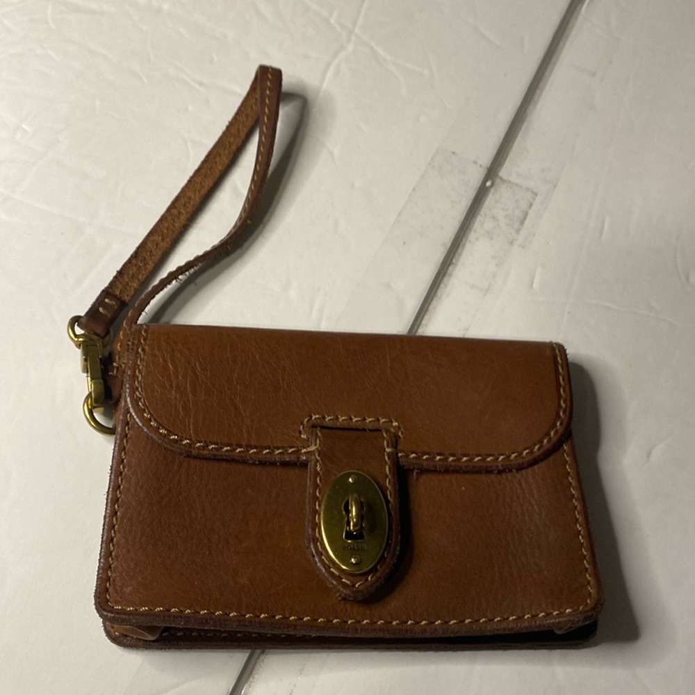 Fossil brown leather wristlet